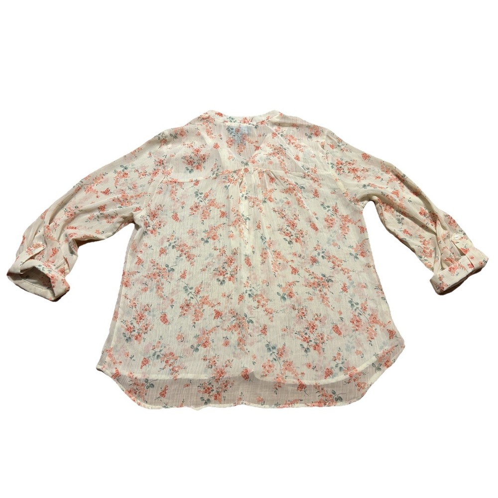 Cynthia Rowley Women's Sheer Pink Peach Floral Print 3/4 Button Down Shirt Sz M - Picture 5 of 9